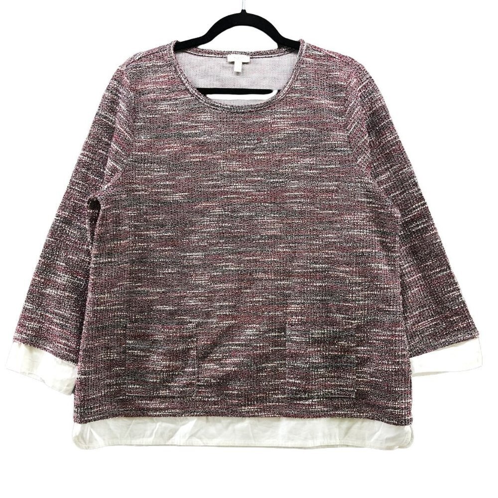 Talbots Tweed Long Sleeve Top Womens L Pink Tunic Pullover Layered Crewneck